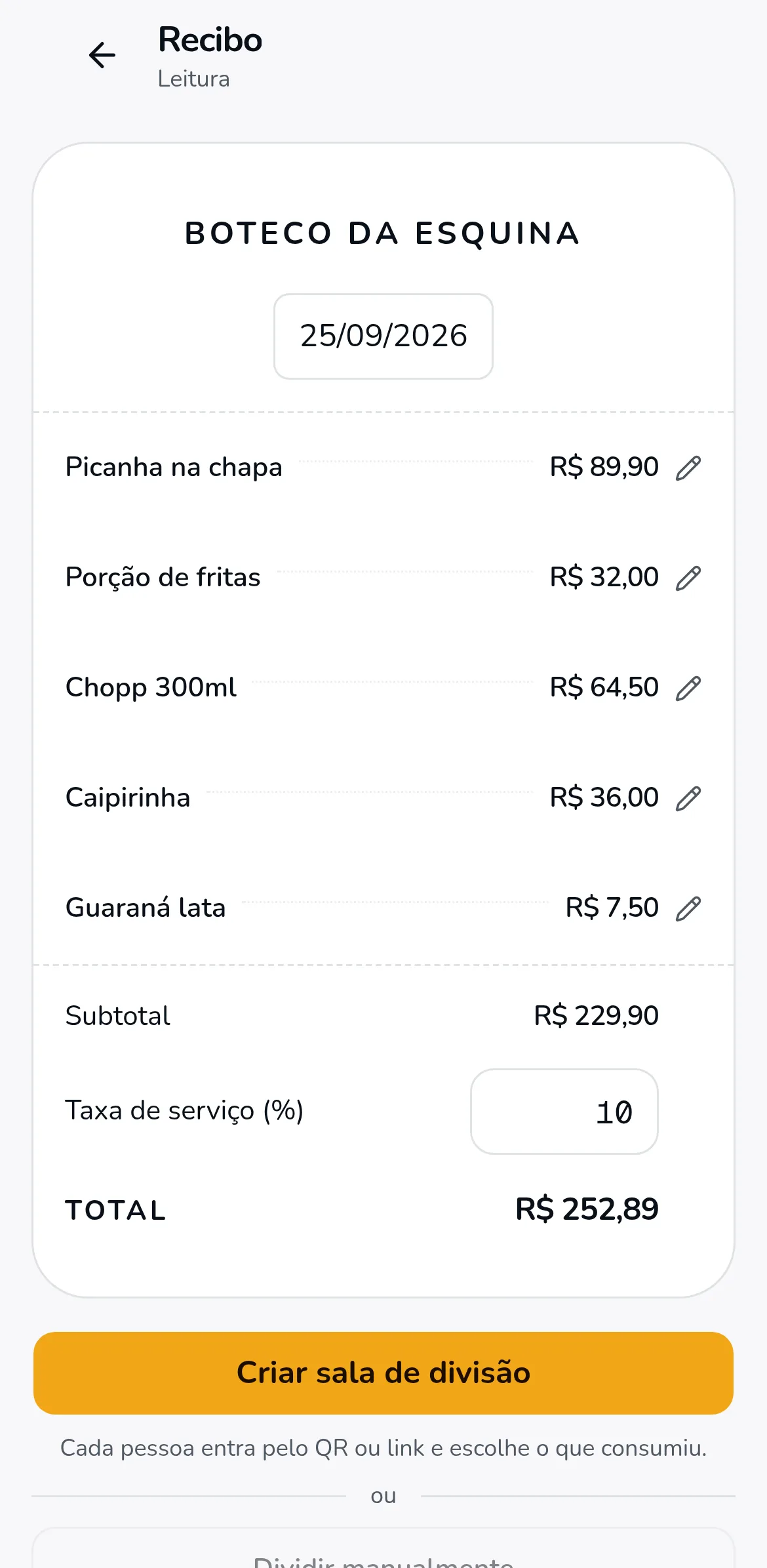 Tela Recibo do app: Boteco da Esquina com cinco itens lidos da foto, subtotal R$ 229,90, taxa de serviço de 10% e total R$ 252,89, e o botão Criar sala de divisão.